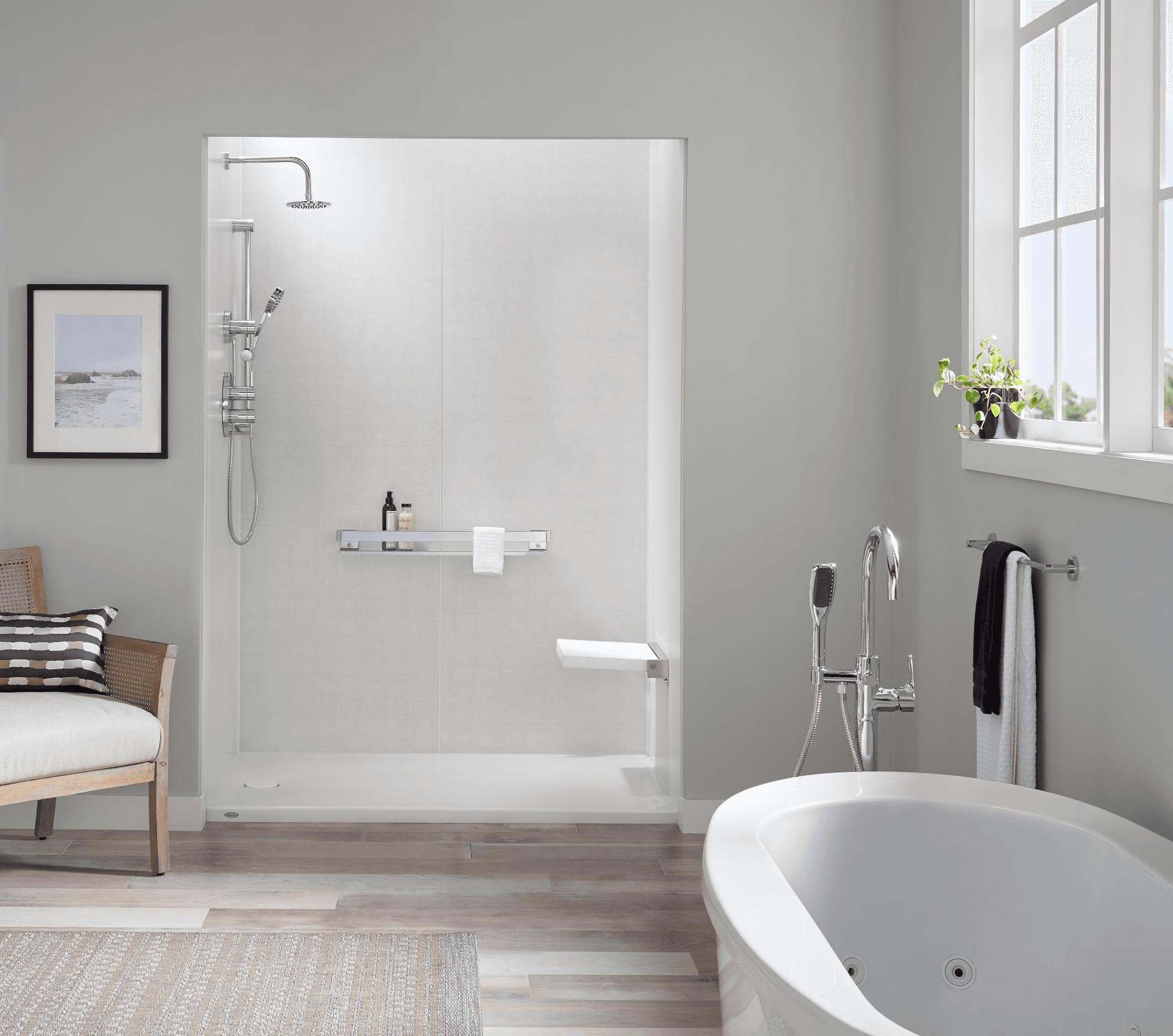 Tub and shower with bench
